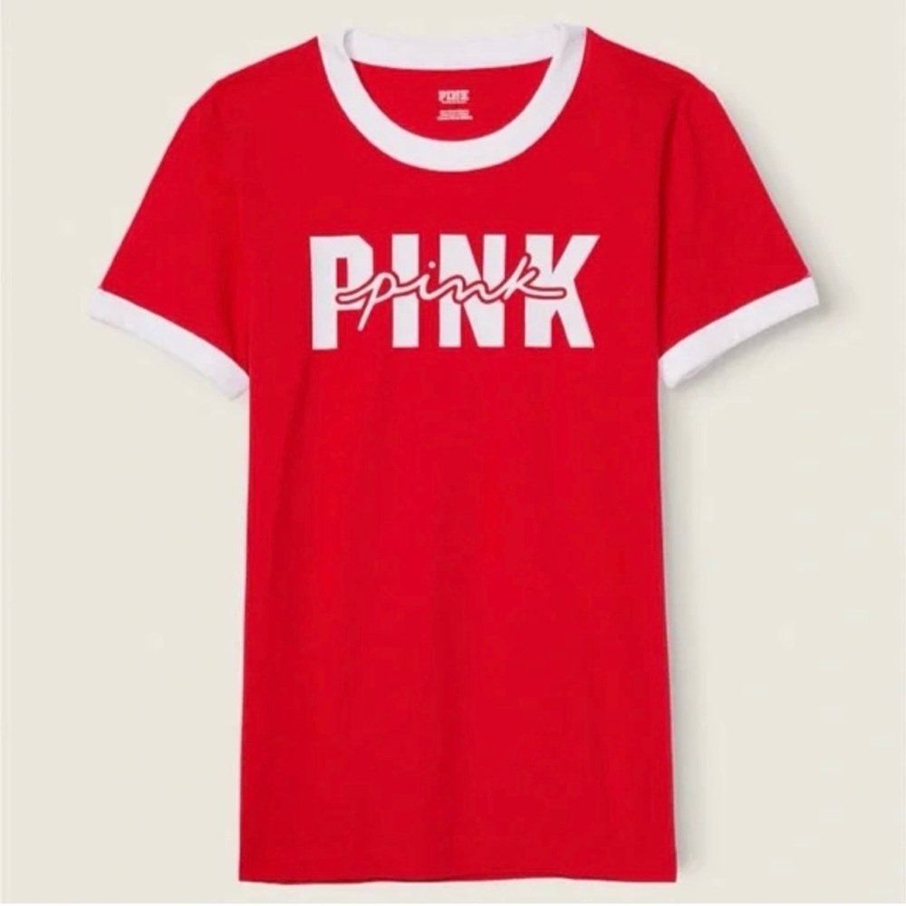 Victoria's Secret PINK Red White Short Sleeve Campus Ringer Tee Shirt Size Large